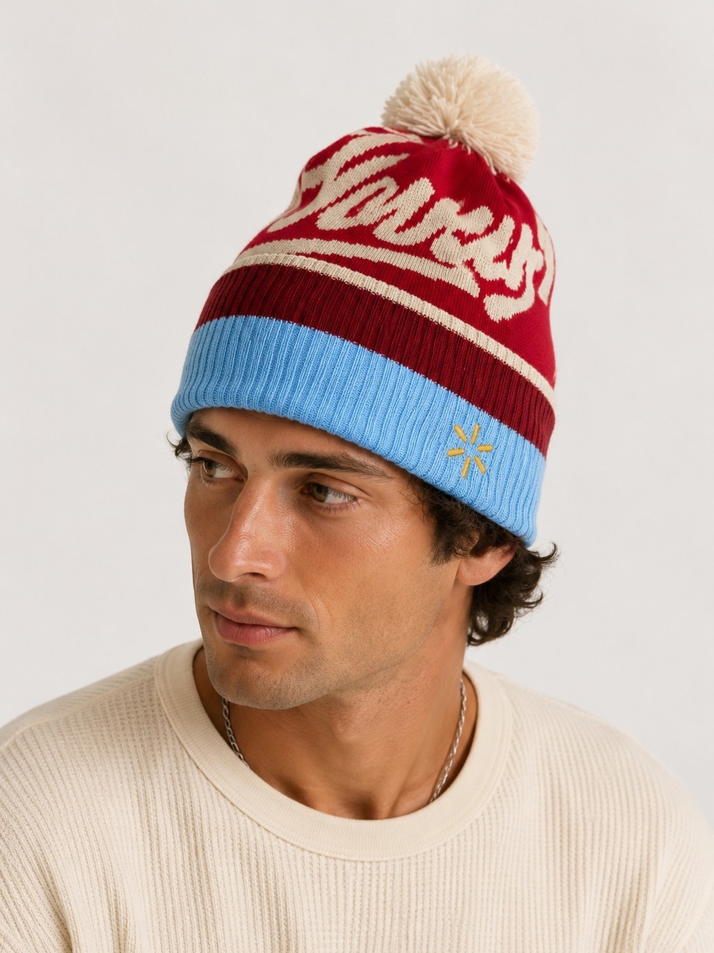 Walmart Always Red & Light Blue Pom Beanie Knit Hat Ubisex